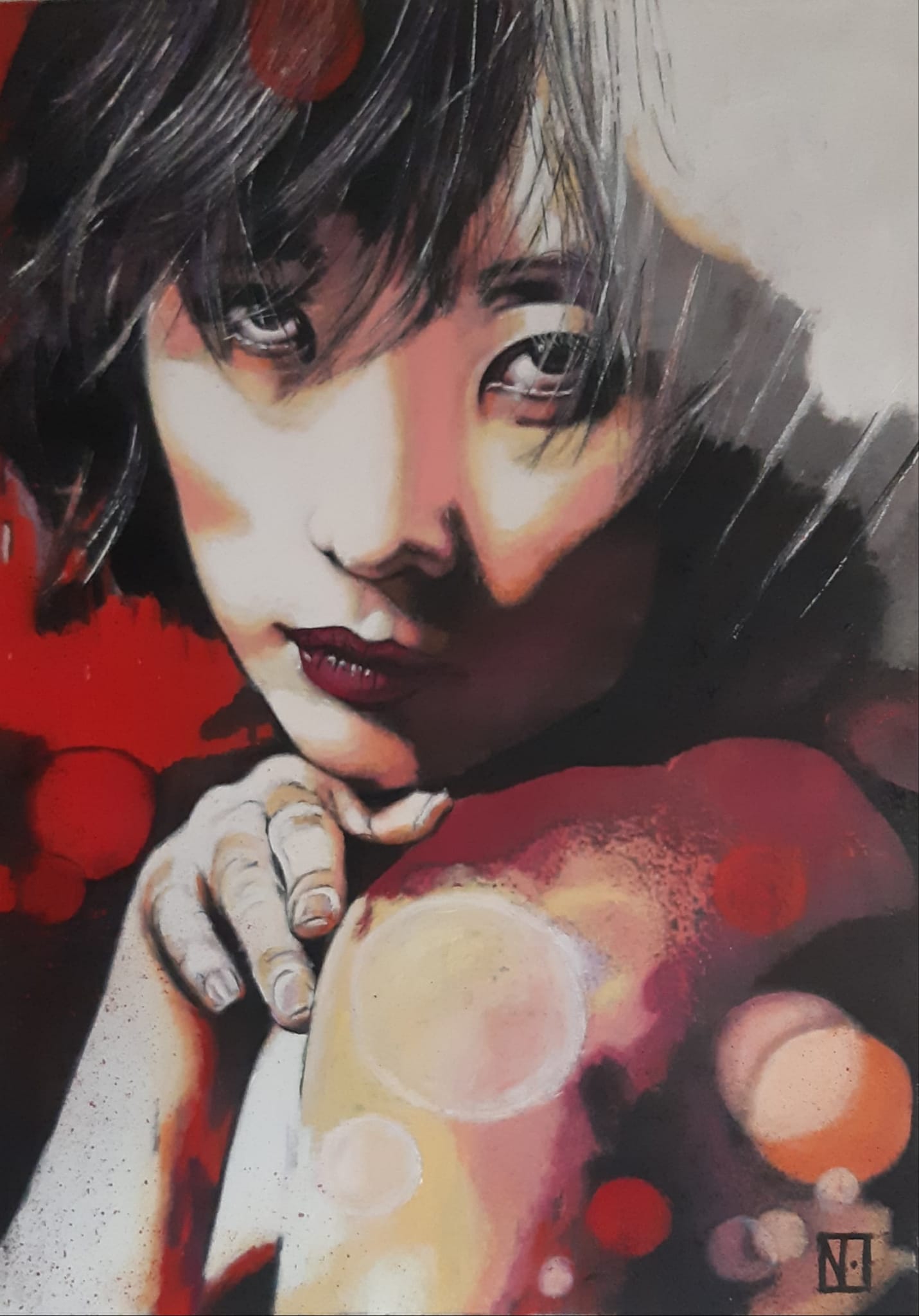 Portrait femme cheveux bleus fond noir